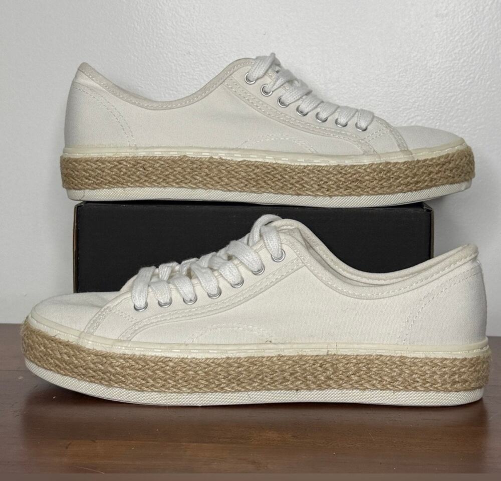 Madden Girl white canvas lace-up espadrille sneakers jute platform sole Sz 9 GUC